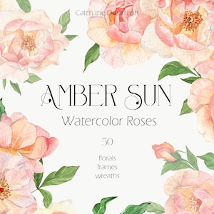 Watercolor Elegant Blush Roses Floral Clipart Set Peachy Blush Blooming Bouquets Gold Frames Greenery Wreath Rose Wedding Bridal Invite png