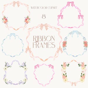 Ribbon Frames Watercolor Clipart - Floral Crest Vintage Ribbon Frame Delicate Victorian Pastel Flower Wedding Bow Florals Coquette Clip Art