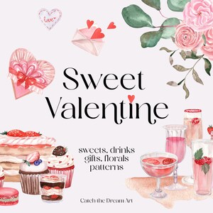 Dulce San Valentín Acuarela Clipart San Valentín Día Postres Bebidas Precioso Cóctel Rosa Rosa Florales Marco Regalos Patrones Tarjetas Clip Art