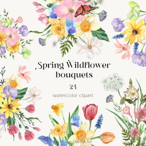 Aquarelle fleurs sauvages Clipart bouquets de printemps Composition florale sauvage lumineuse fleurs de Pâques tulipe jonquille marguerite prairie colorée mariage png