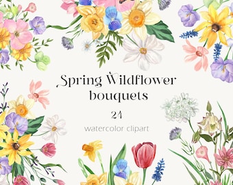 Watercolor Wildflower Clipart, Spring Flower Bouquets (PNG)