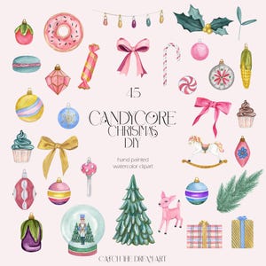 May include: A set of 45 watercolour illustrations featuring candy-themed Christmas decorations. The illustrations include ornaments, a rocking horse, a Christmas tree, a gingerbread house, a candy cane, a nutcracker, a snow globe, a deer, and more. The illustrations are hand-painted and perfect for creating festive crafts and projects.