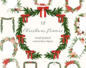 Watercolor Christmas Frames Clipart - Winter Greenery Garland Floral Frame Pine Wreath Festive Coquette Christmas Ribbon Poinsettia png