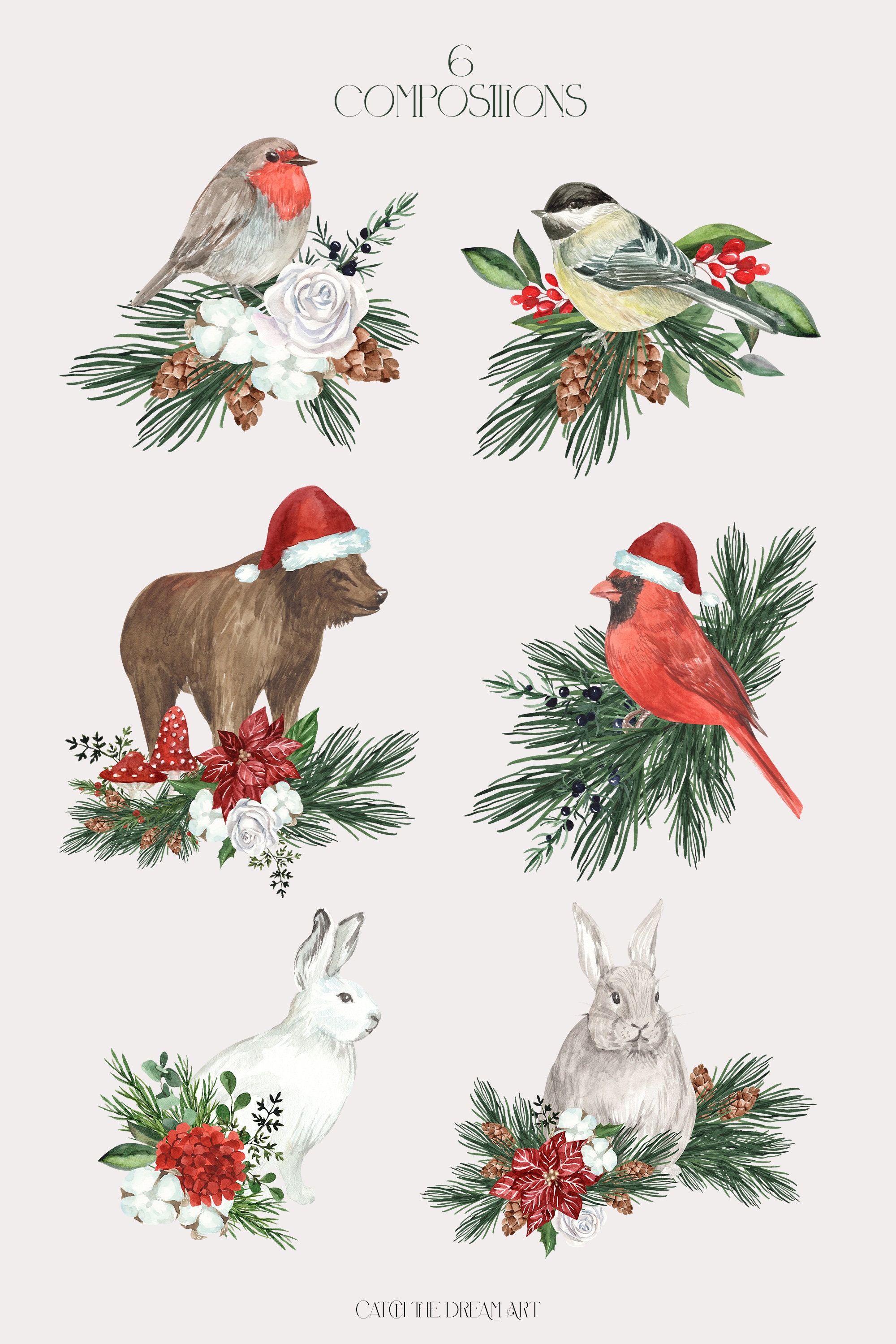 Woodland Animals Watercolor Clipart - Cute Winter Forest Bear Christmas ...