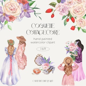 Coquette Cottagecore aquarel clipart zachte kern meisje esthetische vrouwelijke roze lila bloemen bloemen frame krans patroon bruids thee bruiloft