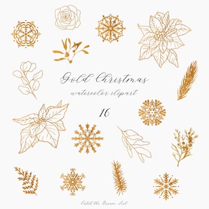 Clipart bricolage Noël doré - poinsettia à feuilles persistantes épicéa flocons de neige fougère doré Noël vintage Noël or fleurs d'hiver carte autocollants png
