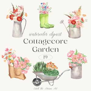 Clipart de jardin aquarelle Cottagecore - arrangements floraux fleurs sauvages arrosoir brouette plantes vase jardinage scrapbooking autocollants png thumbnail