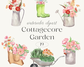 Clipart de jardinería en acuarela: pegatinas PNG florales estilo cottagecore (descarga digital)