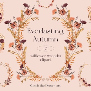 Herbst Wildblumen Kränze Aquarell Clipart Herbst zarte kleine wilde Wiese Florals Blattgold Rahmen rustikal Boho Hochzeit Einladungskarte png