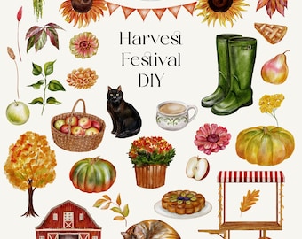 Watercolor Autumn Harvest Clipart: Cats, Pumpkins, Thanksgiving (PNG)