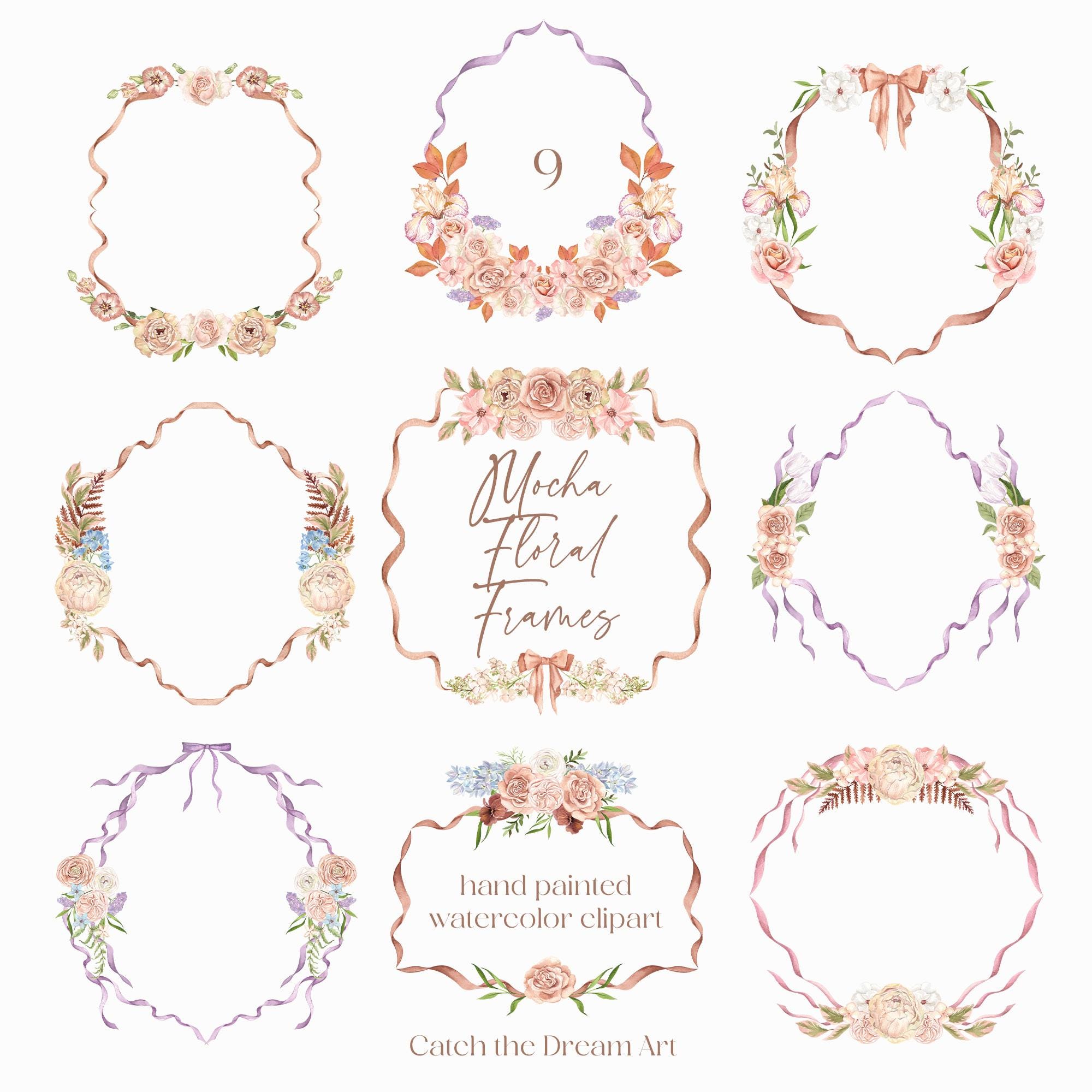 Frame Mocha Color Label Watercolor Floral Ribbon Frames: Mocha & Lilac Crest Clipart (PNG) - Etsy