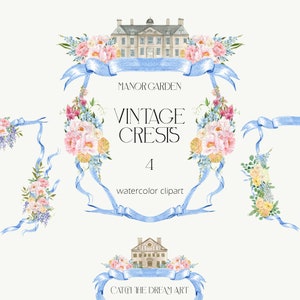 Marcos de cresta vintage, imágenes prediseñadas de acuarela, cresta de boda, lugar de la mansión victoriana, marco de peonía rosa, cinta azul bebé, cartel de invitación para baby shower png