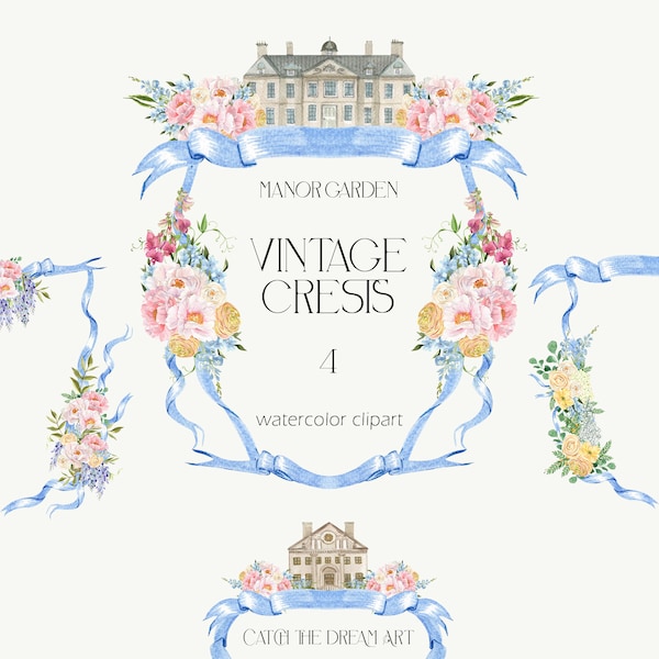 Vintage Crest Frames Watercolor Clipart, Wedding Crest Victorian Manor Venue Pink Peony Frame Baby Blue Ribbon Baby Shower Invite Poster png