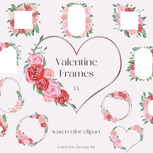 Aquarela Molduras Florais Clipart Dia dos Namorados Rosa Rosas Vermelhas Moldura de Flores Coração Clip Art Chá de panela Convite de casamento Cartão de recortes png