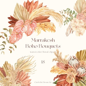 Boho Floral Acquerello Clipart Boho Fiori Erba di pampa Rosa Terracotta Protea Bouquet essiccato Palma tropicale Orchidea Marrakesh Matrimonio png