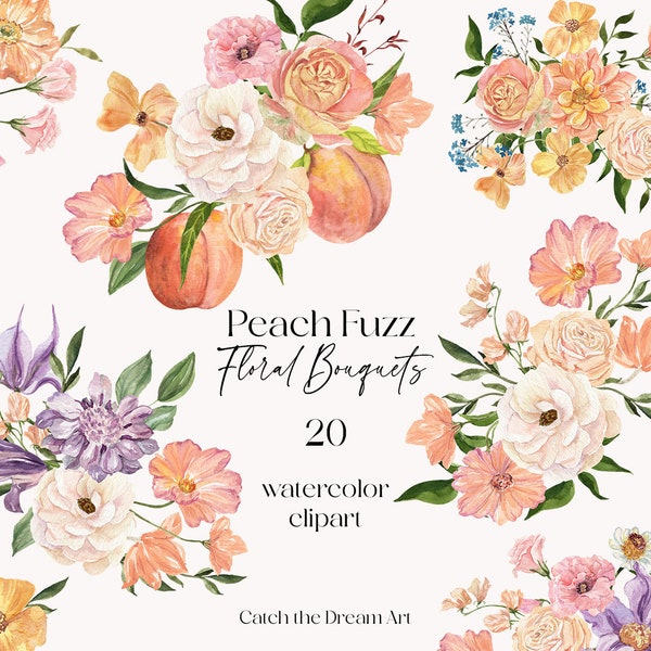 Peach Fuzz Floral Bouquets Watercolor Clipart Peachy Flowers Elegant Apricot Rose Arrangements Purple Blush Bridal Shower Wedding Invite png