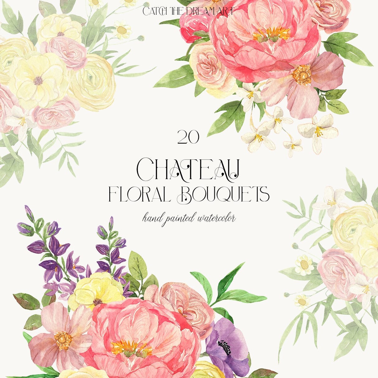 Watercolor Floral Clipart – Blush Pink Peony Bouquets (PNG, Digital ...