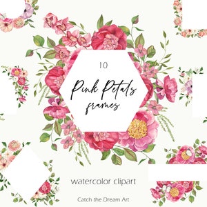 Aquarell Blumen Rahmen Clipart - Rosenblüten Pfingstrose Anemone Hot Pink Sommer Blumen Fuchsia Rahmen Magenta Brautparty Hochzeit einladen png