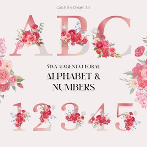 Alfabeto floreale e numeri Clipart ad acquerello - Viva Magenta Flower Letters Borgogna impreziosito Monogramma Iniziale Poster Tipografia di matrimonio