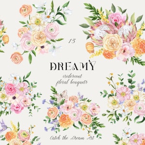 Clipart aquarelle de bouquets pastel - fleurs pastel douces de rêve arrangements éclectiques protéa rose pêche floral carte de Pâques mariage bohème png