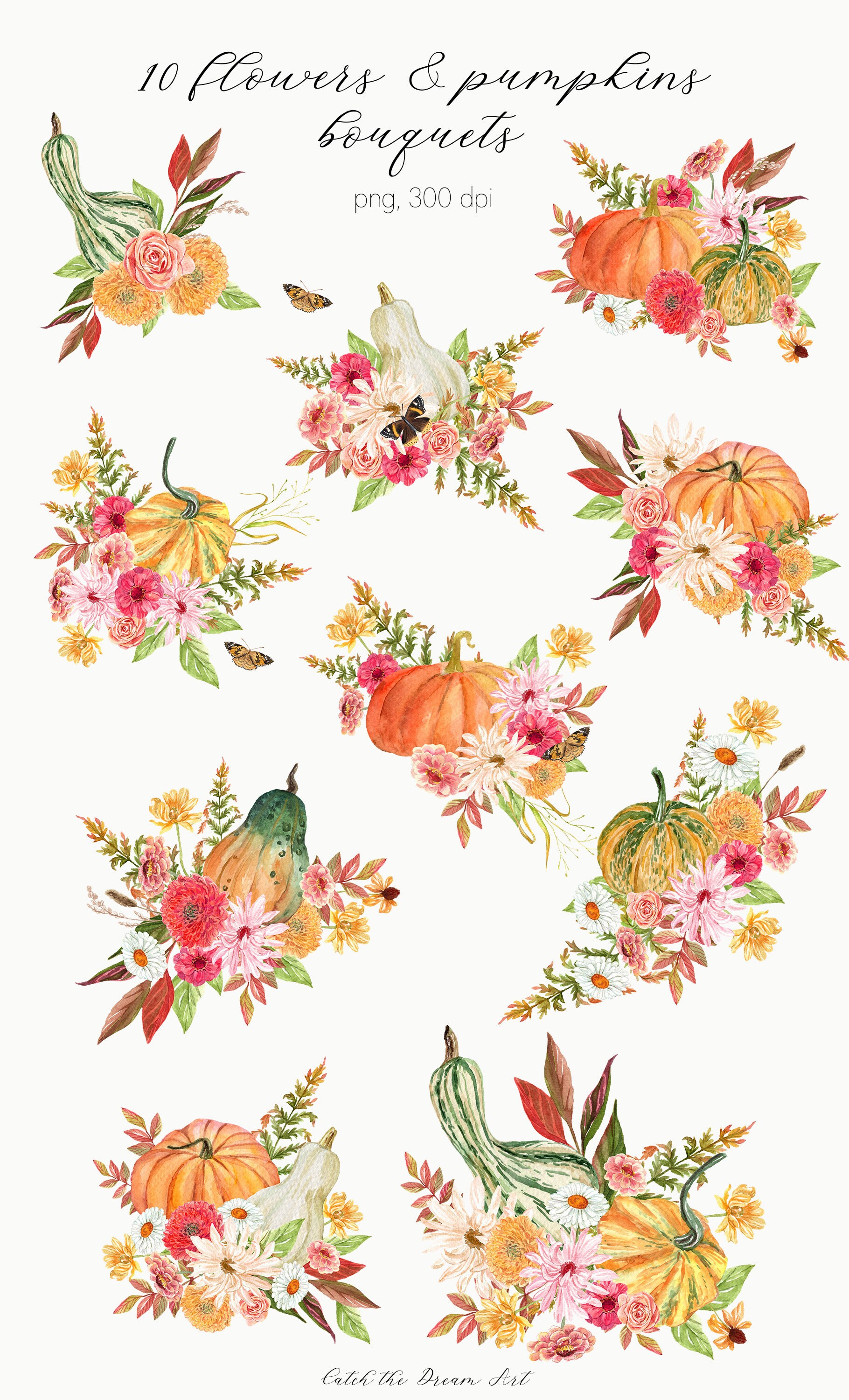 Watercolor Pumpkin Bouquet Clipart – Fall Floral PNG (digital Download ...