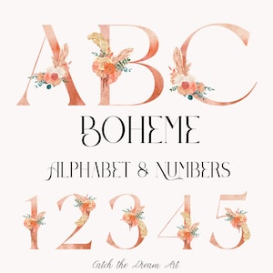 Boho Floral Alfabeto & Números Clipart Delicadas Flores Boheme Pampas Letras de Terracota Tipografía de Boda Monograma Cartel Sublimación png
