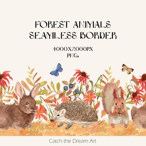 Bos dieren naadloze rand aquarel clipart - bosrijke baby dieren haas egel eekhoorn herfst wilde bloemen vlinder kinderkamer patroon