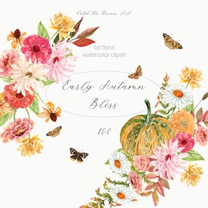 Clipart floral automne aquarelle - fleurs sauvages au début de l'automne citrouilles papillons couronne de fleurs Clip Art Thanksgiving, invitation de mariage rustique PNG