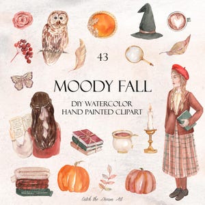 Moody Fall DIY Watercolor Clipart - Dark Academia Girl Cozy Autumn Decor Pumpkins Fall Leaves Owl Witch Bookworm Floral Vintage Stickers png