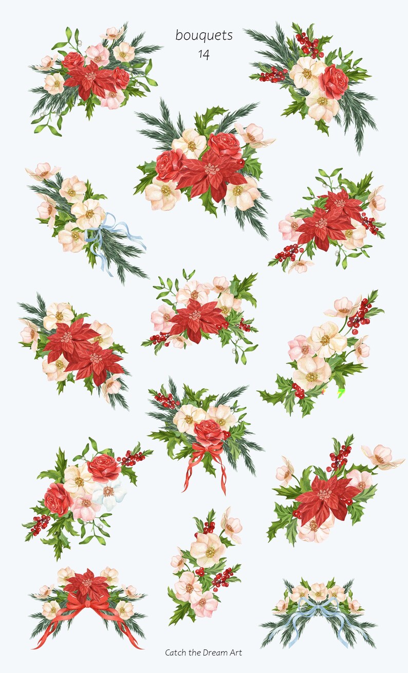 Watercolor Winter Flower Clipart Victorian Christmas Floral