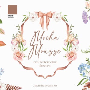 Mocha Floral Watercolor Clipart - Mocha Mousse Flower Beige Blush Rose Rustic Boho Bouquet Ribbon Frame Floral Alphabet Delicate Wedding png