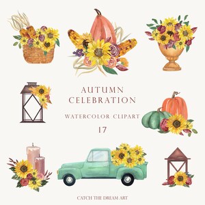 Clipart floral de ação de graças em aquarela - Caminhão de colheita de girassóis de abóbora de outono, adesivos de convite para mercado de fazendeiros, lanterna de vela de flores de outono