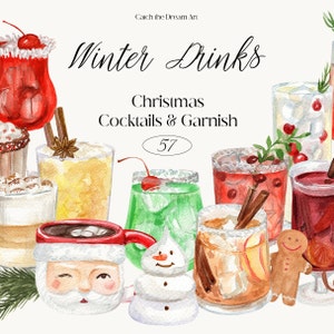 Acquerello Natale Cocktail Clipart Inverno Bevanda alcolica Guarnizione Menta piperita Mimosa Aperol Hot Cocoa Party Mocktail Bevanda Bar Menu png