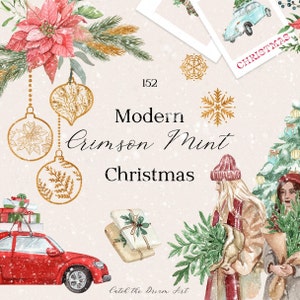 Clipart moderno de aquarela de Natal Carmesim Menta Cartazes de inverno Poinsétia Flor Enfeites de carro de Natal Evergreen Quadro floral Cartão de guirlanda png