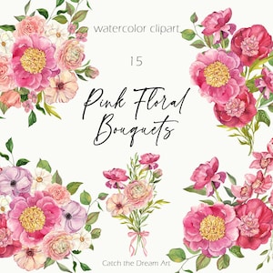 Rosa Blumensträuße Aquarell Clipart - Magenta Blumen Pfingstrose Blush Ranunkeln Anemone Fuchsia Orchideen Sommer Garten Hochzeit Braut png