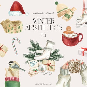 Aquarelle hiver esthétique Clipart chocolat chaud Noël biscuit patins menthe poivrée bonbons gnome vêtements tricotés cadeau Noël autocollants carte png thumbnail