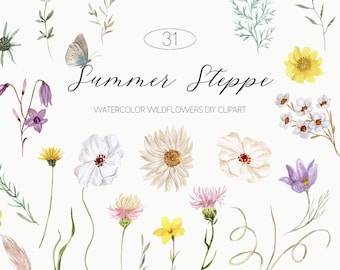 May include: A set of 31 watercolor illustrations of wildflowers, including daisies, bellflowers, and clover. The illustrations are perfect for crafting, scrapbooking, and digital design.