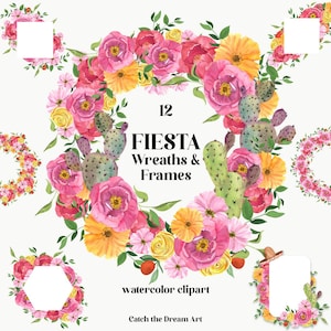 Clipart couronnes Fiesta aquarelle - pivoine rose vif cadres floraux cactus fleurs colorées guirlande fleurs du désert baby shower mariée png