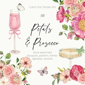 Petali e Prosecco Acquerello Clipart - Civetta Spumante Rosa Cornici di fiori Floreale Champagne Peonia rosa Alfabeto Modello nuziale png
