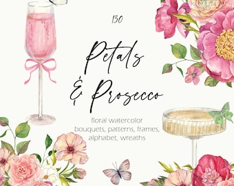 Petals & Prosecco Watercolor Clipart - Coquette Sparkling Wine Rose Flower Frames Floral Champagne Pink Peony Alphabet Bridal Pattern png