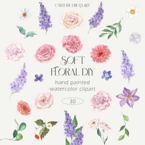 Aquarelles douces fleurs bricolage Clipart printemps jardin lilas fleurs roses roses pastel clématite violette florale délicate élégante invitation de mariage png
