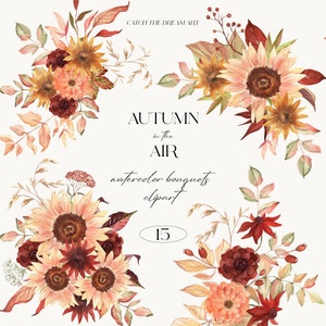 Bouquets de fleurs sauvages d’automne Aquarelle Clipart Arrangements floraux d’automne Tournesol Bourgogne Fleurs aérées Feuillage Boho Carte d’invitation de mariage PNG