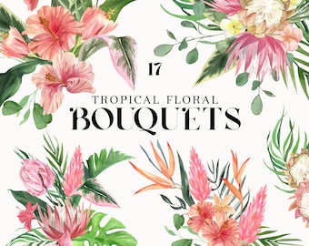 Clipart de ramo tropical de acuarela: flores exóticas de la selva (PNG)