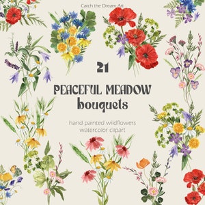 Clipart aquarelle de fleurs sauvages des prés - bouquets de fleurs sauvages, champ d'été, arrangements de fleurs sauvages, pavot pissenlit, marguerite, fleurs png