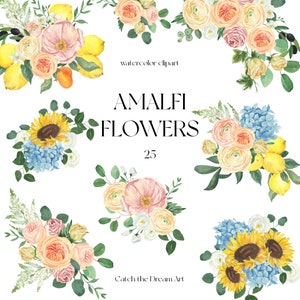 Aquarelle fleurs d'Amalfi Clipart arrangements floraux méditerranéens Rose vibrante pivoine hortensia tournesol agrumes citron bouquets de mariage png
