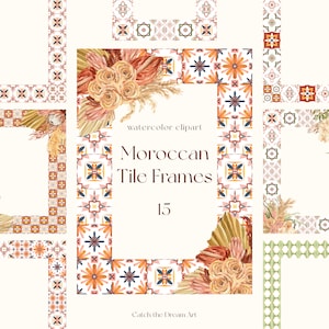 Marokkaanse tegelframes aquarel clipart Boho bloemen mediterrane Azulejo mozaïek tegels grenskader Marrakesh bruiloft uitnodigen scrapbook PNG