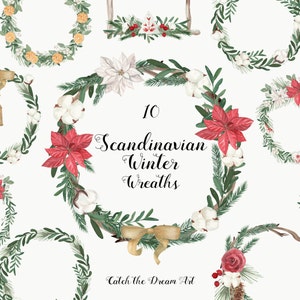 Ghirlande invernali scandinave Acquerello Natale Clipart Inverno Floreale Poinsettia Ghirlande sempreverdi Hygge Nordic Christmas Card Invito png