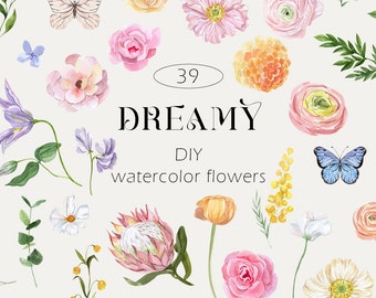 Dreamy Floral Watercolor Clipart Iridescent DIY Pastel Flowers Peachy Pink Delicate Florals Butterflies Ranunculus Bridal Wedding Invite png