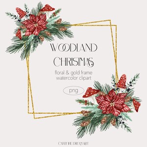 Clipart de cadre de Noël champignon aquarelle - poinsettia d'hiver des bois et épicéa à feuilles persistantes Amanita cadre doré carte de Noël clipart png