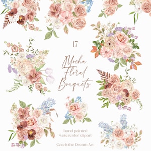 Mocha Mousse Flowers Watercolor Clipart - Earthy Whimsical Floral Arrangements Beige Boho Flower Bouquets Roses Flower Wedding Invite png